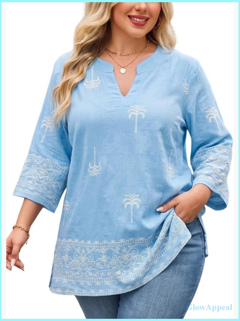 Plus Size 3/4 Sleeve Floral Tunic Top V Neck Loose Fit Blouse